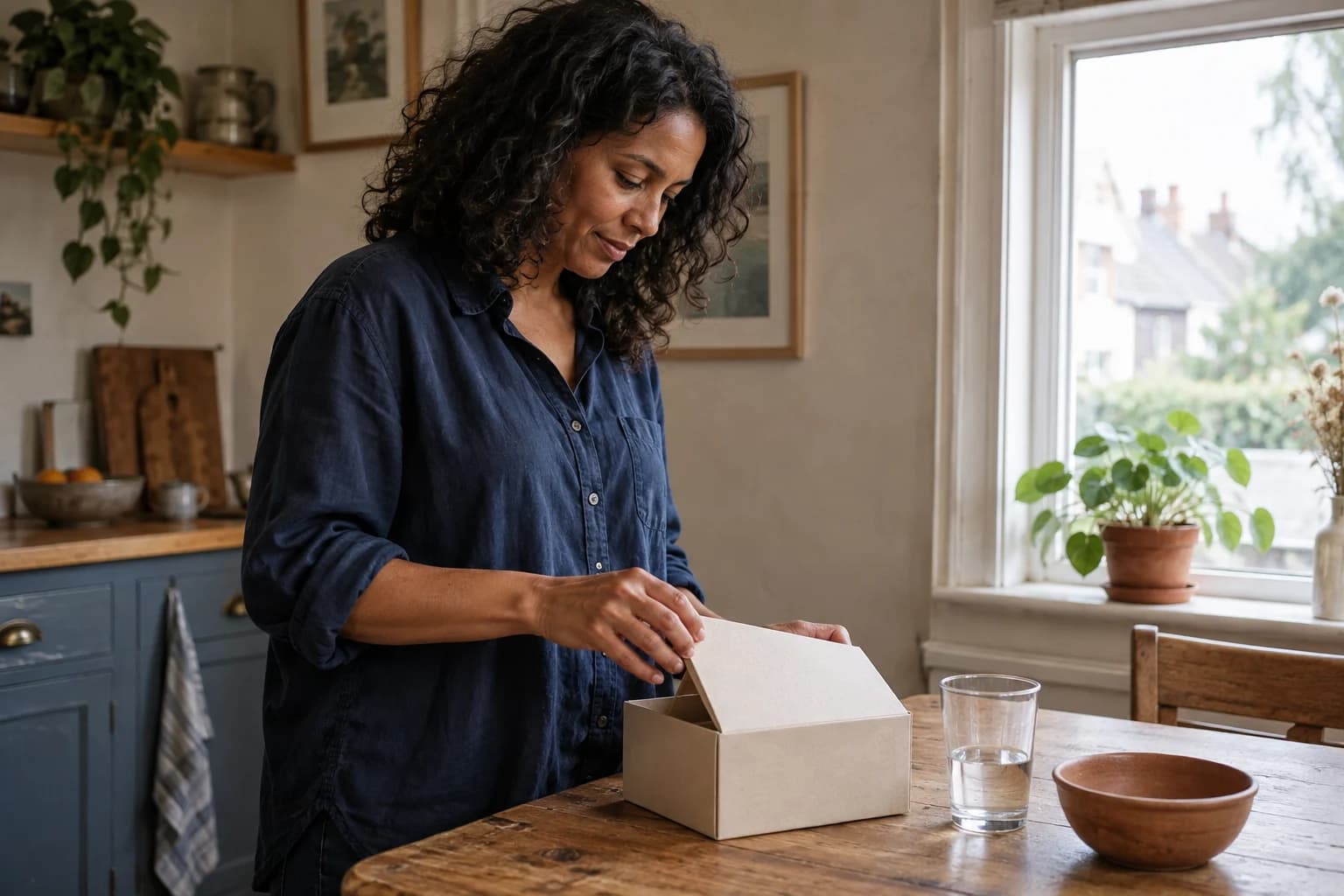 Illustrative lifestyle scene of a woman opening a plain parcel at her kitchen table